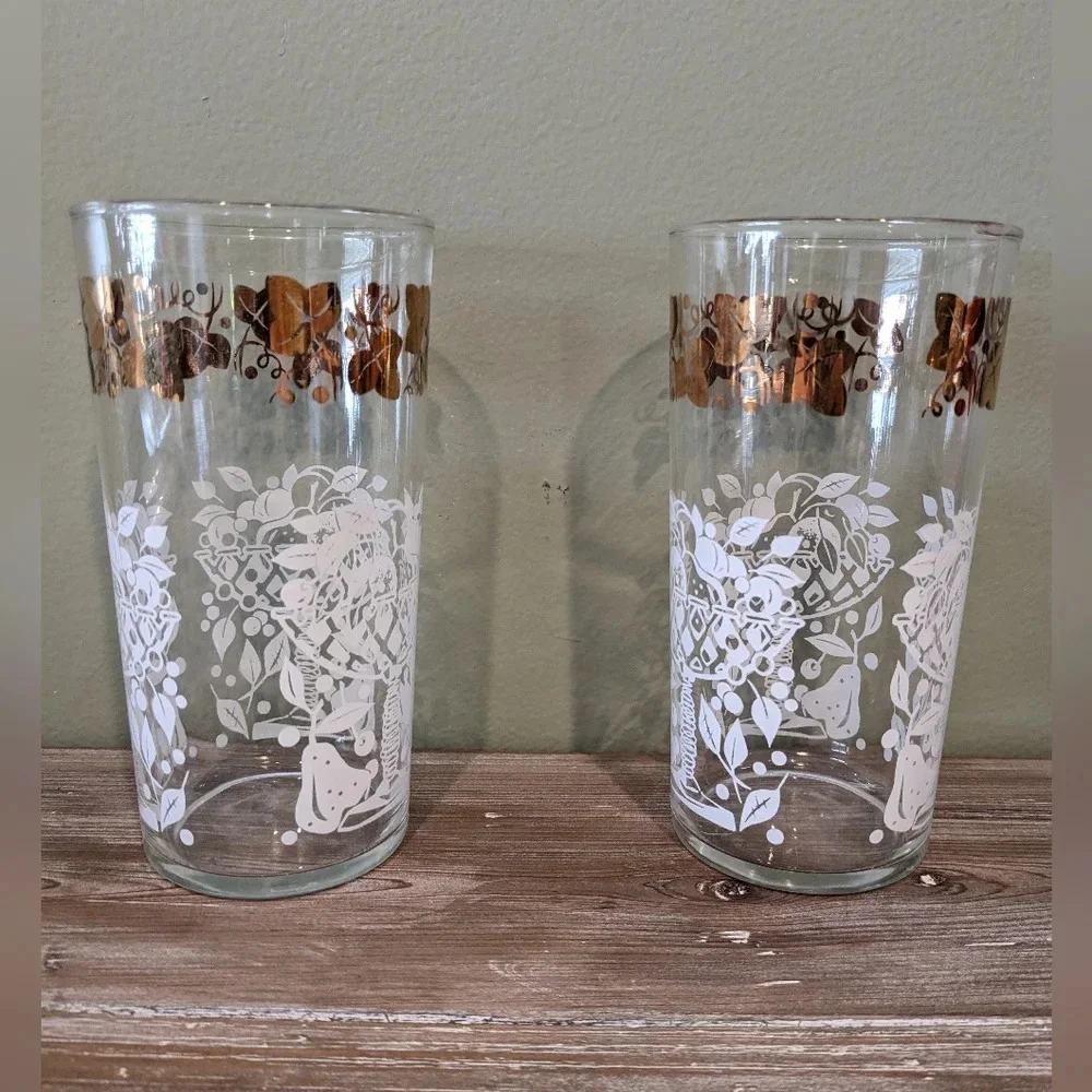 Vintage MCM 2 Hazel Atlas Tumbler Drinking Glasses Gold & White Fruit Basket